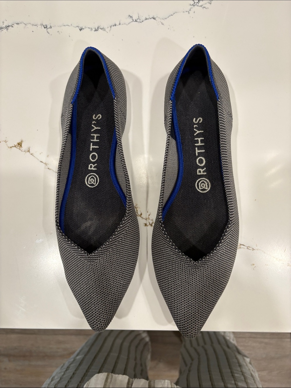 Rothy's Pointed Knit Ballet Flats in Gray with Blue Trim